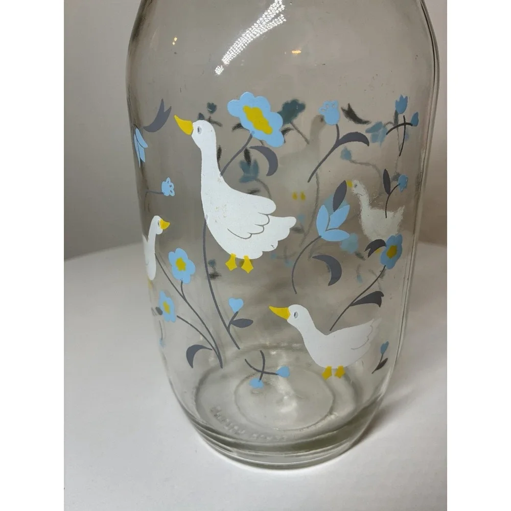 VTG Carlton Glass Jar Canister 2L Geese Blue Flowers Storage /Lid Cottagecore